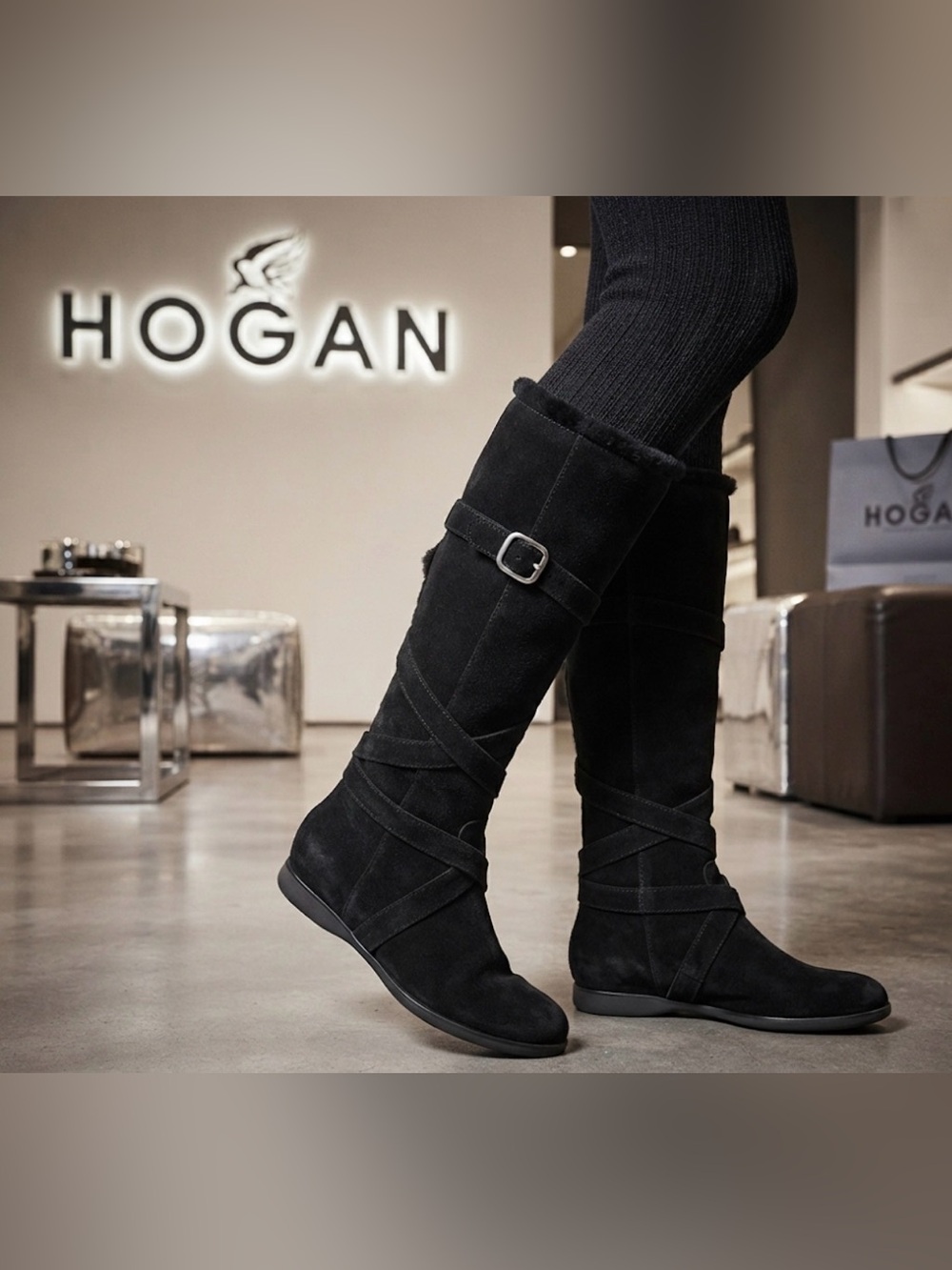 Authentic Hogan designer black suede leather fur trim boots sz 5.5